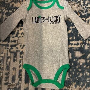 Baby Grey One-Piece Bodysuit with Green Trim - Ladies Are Lucky Design